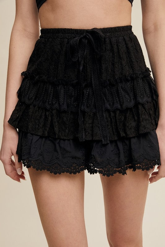 Lace Whispers Tiered Shorts With Ruffle Details