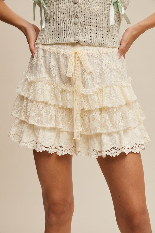 Lace Whispers Tiered Shorts With Ruffle Details