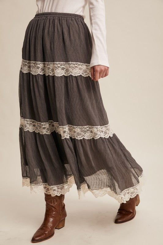 Wander Fields Tiered Lace-trim Maxi Skirt