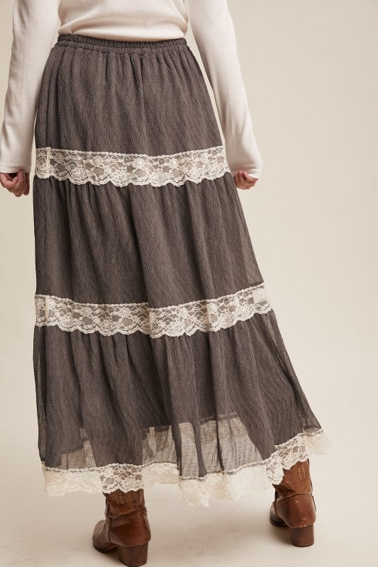 Wander Fields Tiered Lace-trim Maxi Skirt