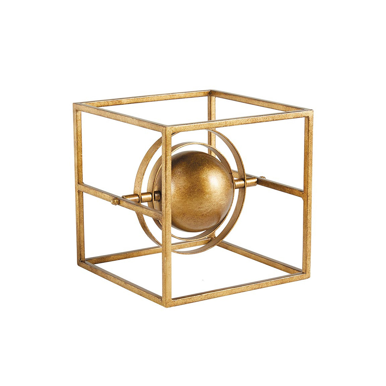 Gold metal cube with sphere inside on a white background