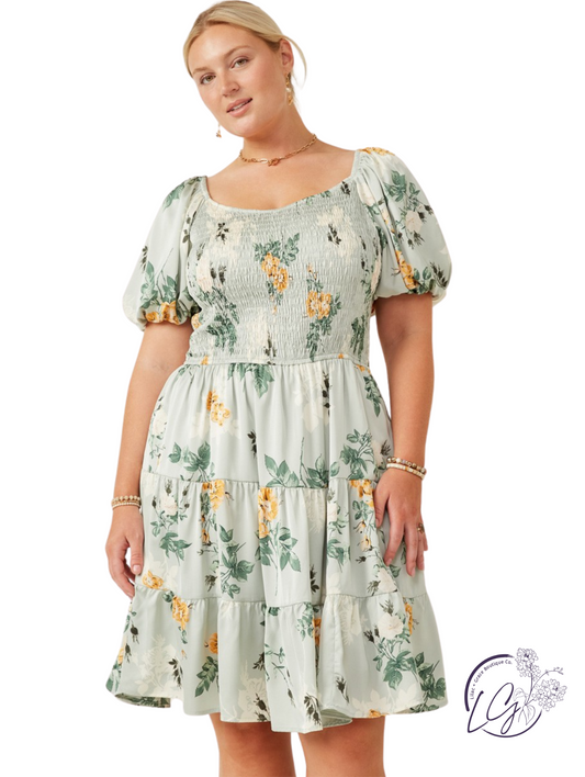 Curvy RoseSheen Smocked Floral Dress
