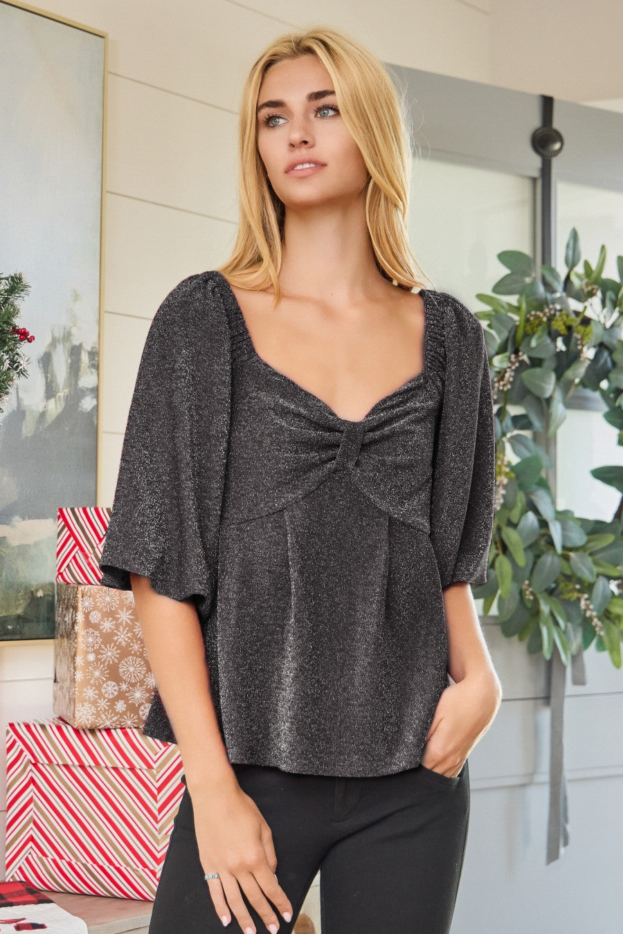 Curvy Celeste Metallic Twist Top