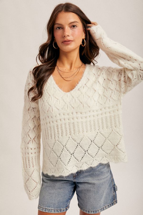 Open Knit V-Neck Crop Sweater