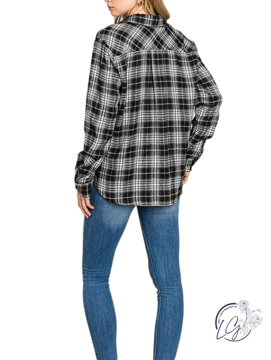Soft Plaid Button-Down Shirt with Bust Pockets