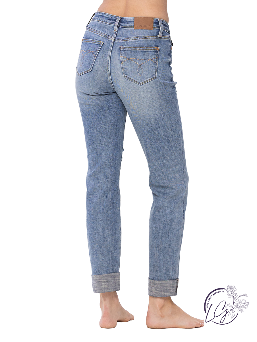 Denise Knee Destroy & Cuffed Long Boyfriend Jeans By Judy Blue