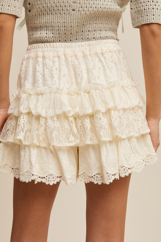 Lace Whispers Tiered Shorts With Ruffle Details