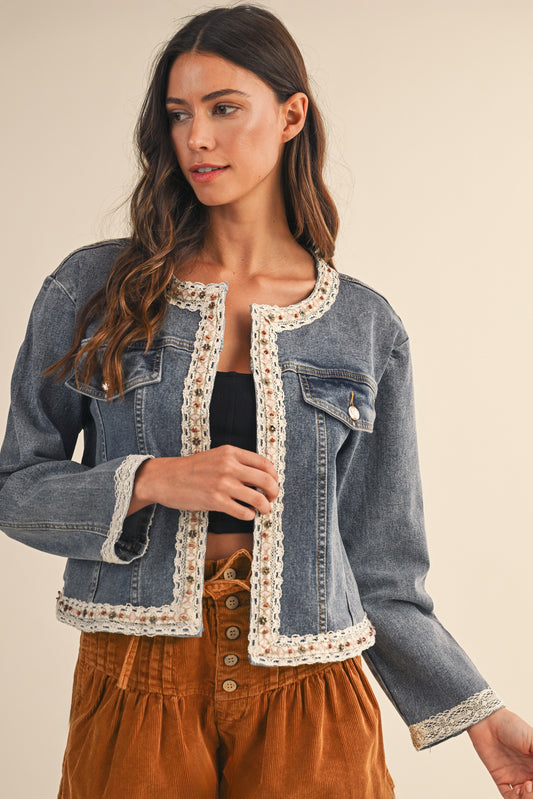 Rustic Charm Lace Trim Denim Jacket