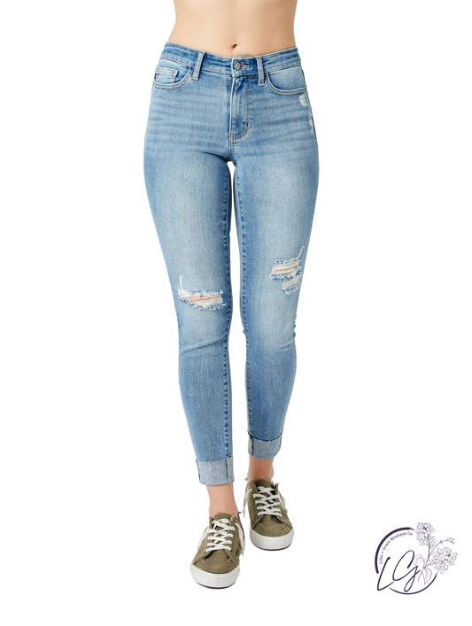 Gloria Mid Rise Destroy & Cuff Skinny by Judy Blue