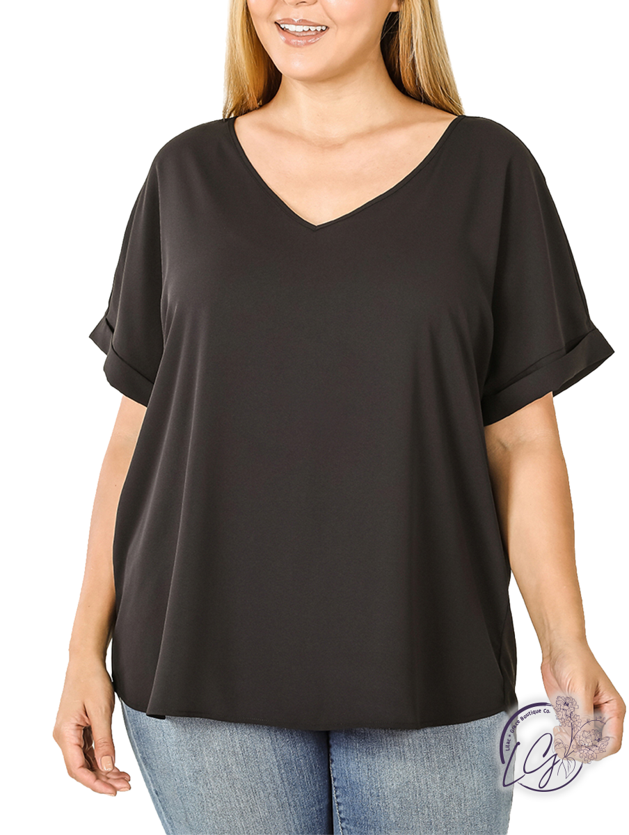 Curvy Woven Elegance Rolled Sleeve Top