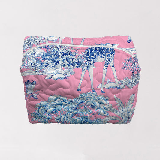 Ozara Jungle Pink Quilted Large Makeup Bag