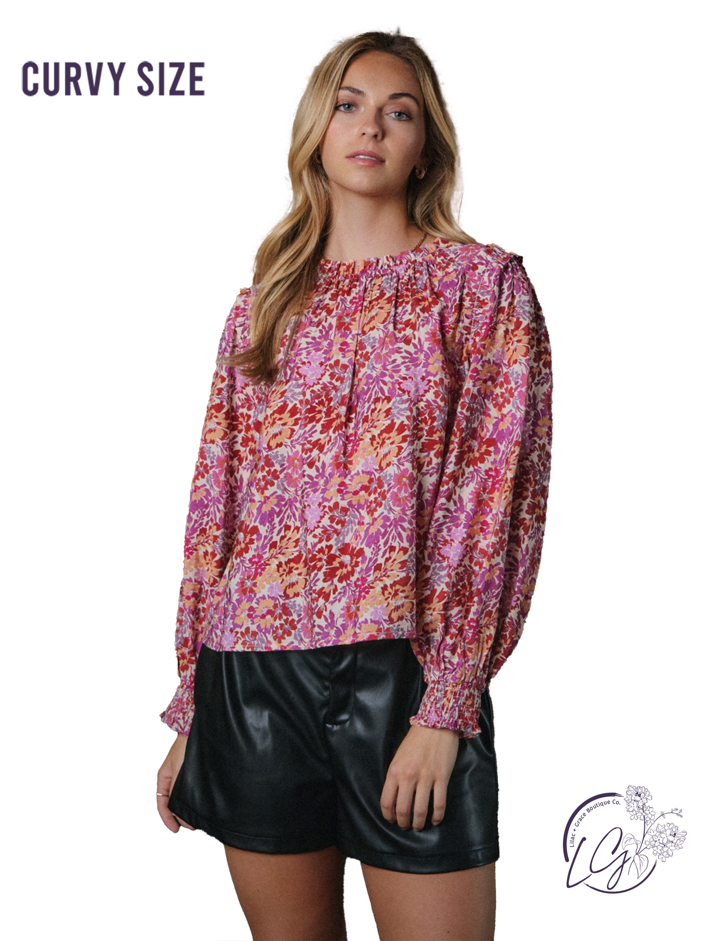 Curvy Floral Petals Long Sleeve Blouse