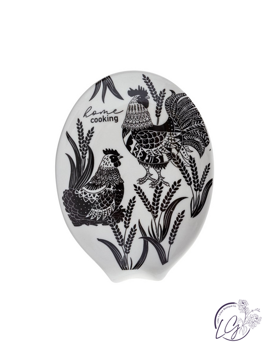 Boho B&W Ceramic Spoon Rest Rooster