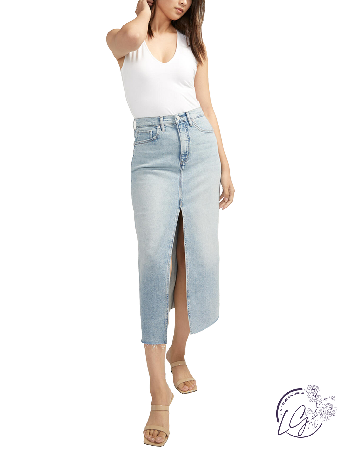 Rhiannon Front-Slit Midi Jean Skirt