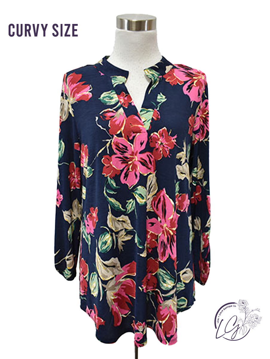 Curvy Navy Multi Floral Lizzy Top