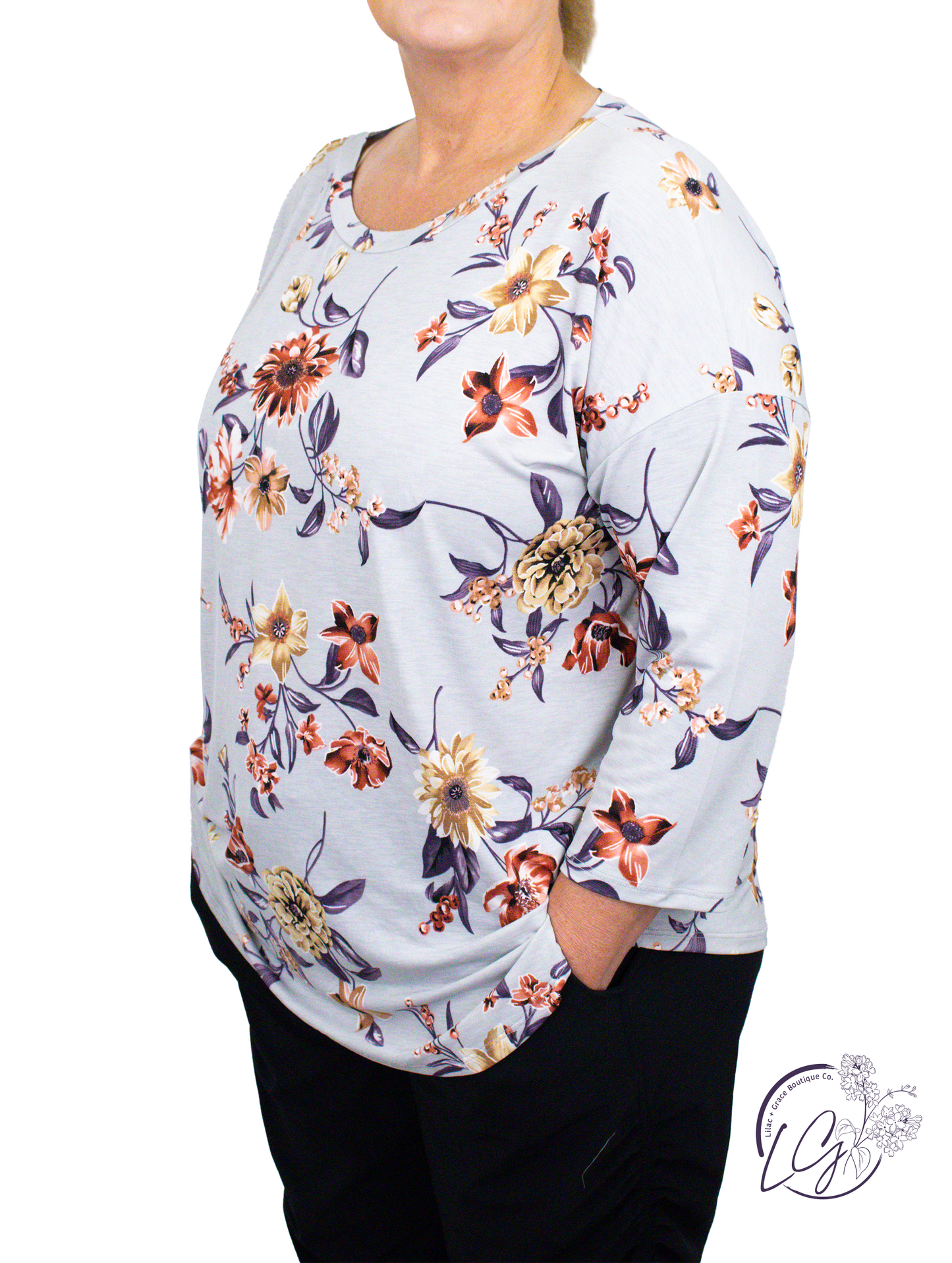 Curvy Grey Multi Print Top by Dear Scarlett