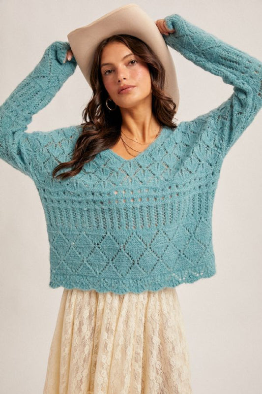 Open Knit V-Neck Crop Sweater