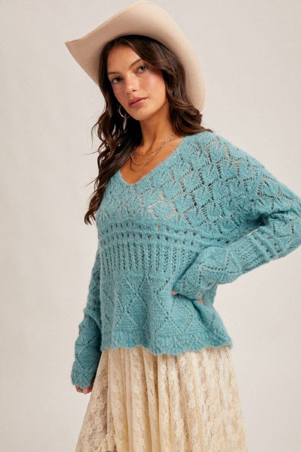Open Knit V-Neck Crop Sweater