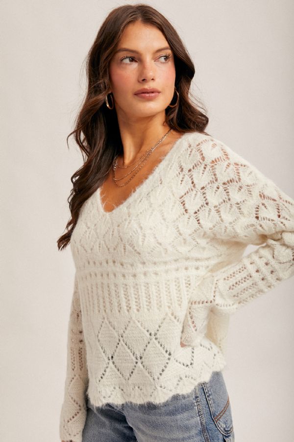 Open Knit V-Neck Crop Sweater