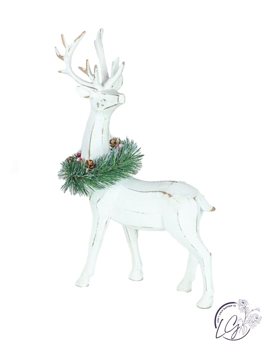 White Wood Deer W/ Wreath