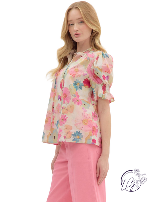 Dewtrace Smocked Tie Neck Top