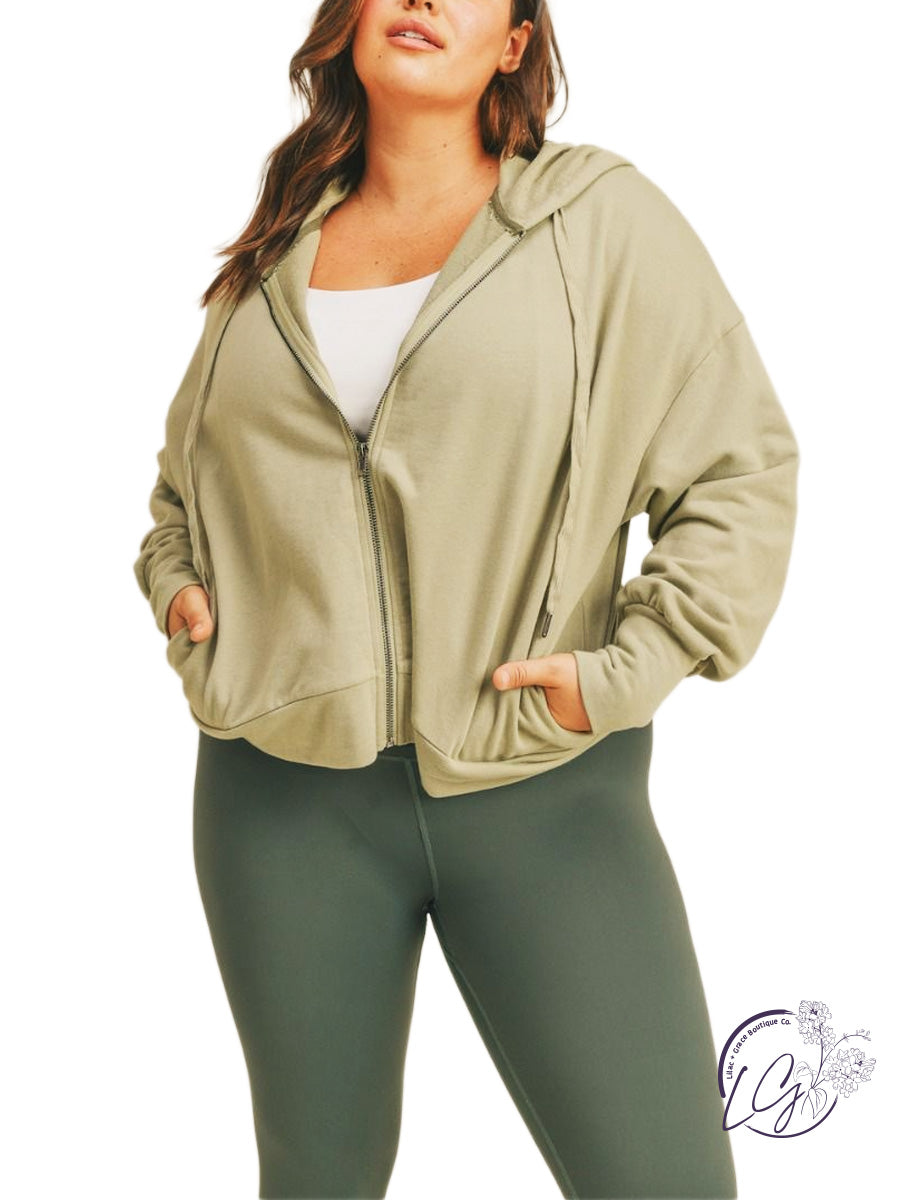 Curvy Boxy Cropped Cotton French Terry Zip Up Hoodie