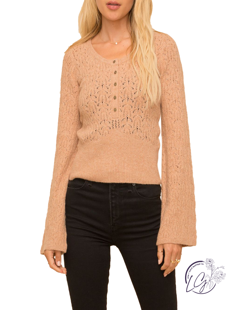 Tell All Bell Sleeve Henley Sweater