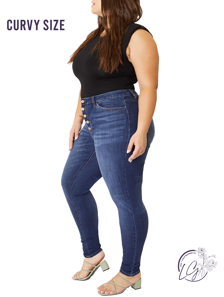 Curvy Molly High-Rise Dark Wash Button Fly Skinny By KanCan