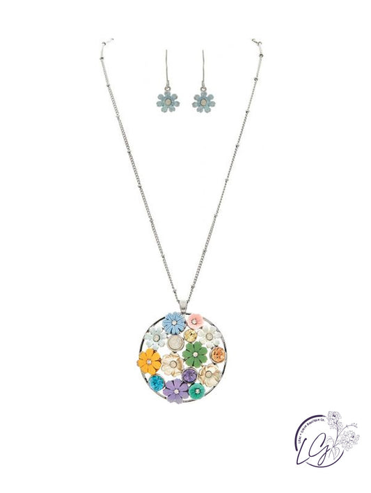 Silver Flower Bouquet Pendant Necklace Set