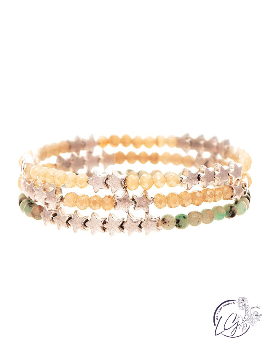 Gold Stars Green Beads Bracelet Set