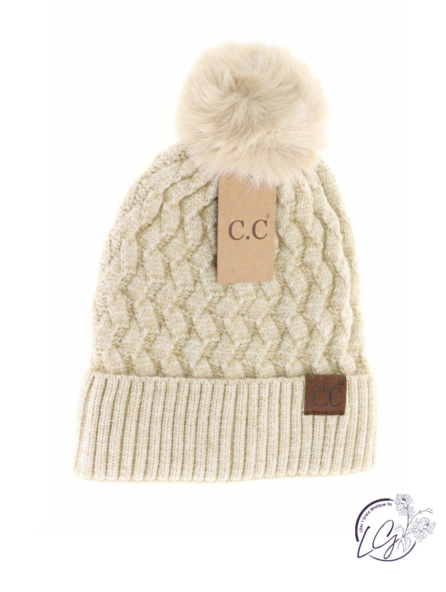 Woven Cable Knit Cuffed Matching Fur Pom CC Beanie