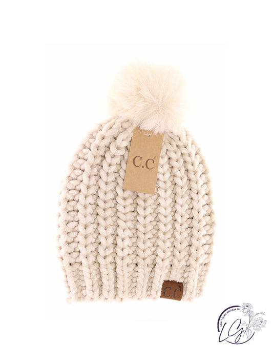 Chenille Chunky Knit Faux Fur Pom CC Beanie