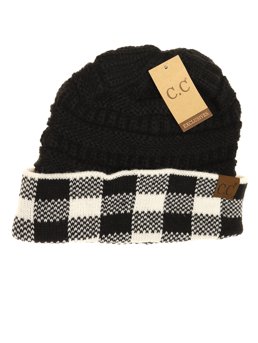 Buffalo Check Knit CC Beanie in Black + White