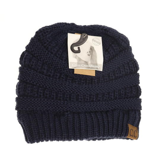 Criss Cross Knit Beanie in Navy