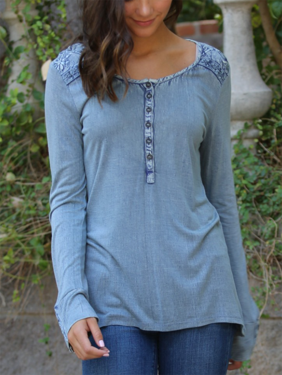 Embroidered Henley Long Sleeve Top