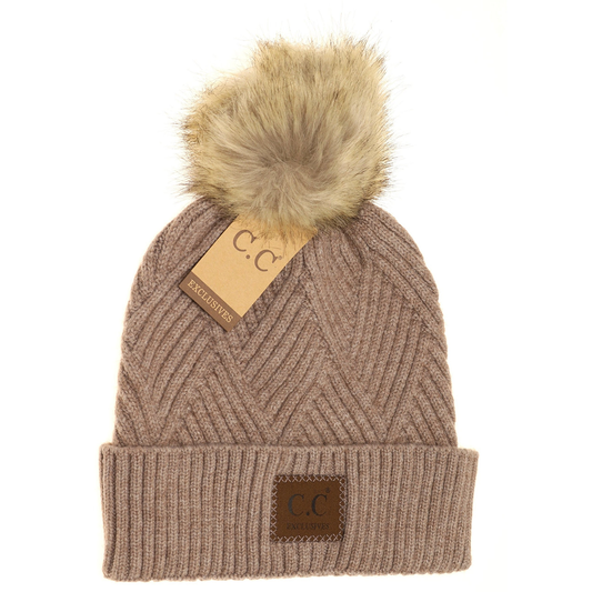 Large Patch Heathered Pom Beanie in Light Taupe