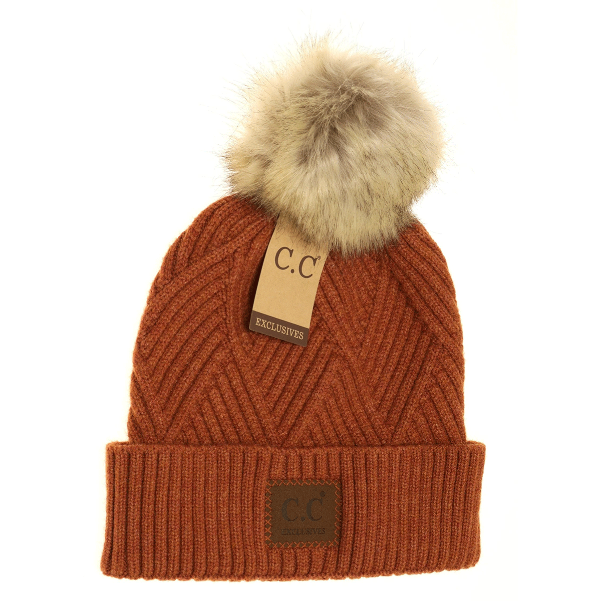 Large Patch Heathered Pom Beanie in Rust