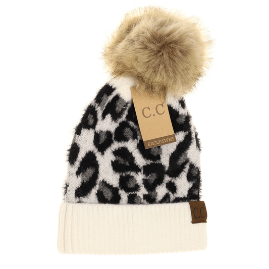 Leopard Pom Beanie in Ivory