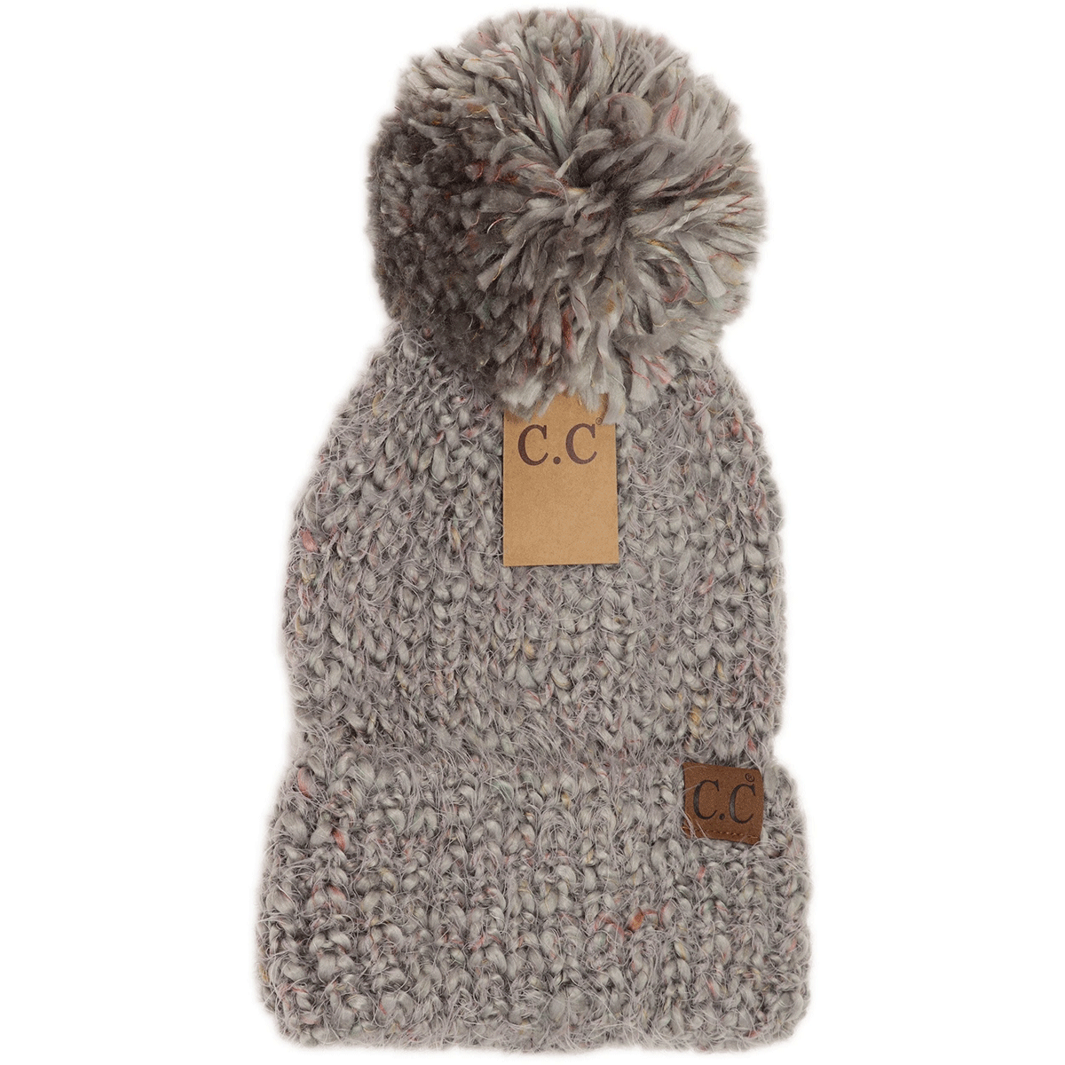 Multi Color Feather Knit Pom Beanie in Lt. Grey