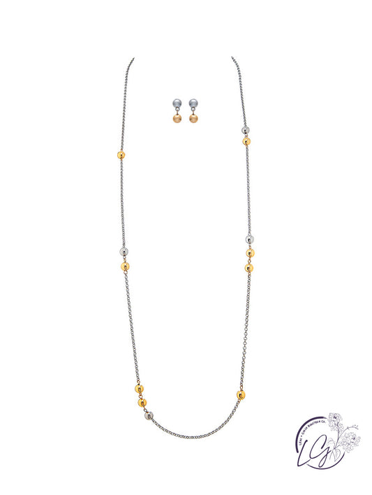 Two Tone Random Ball Bead Station Necklace Set