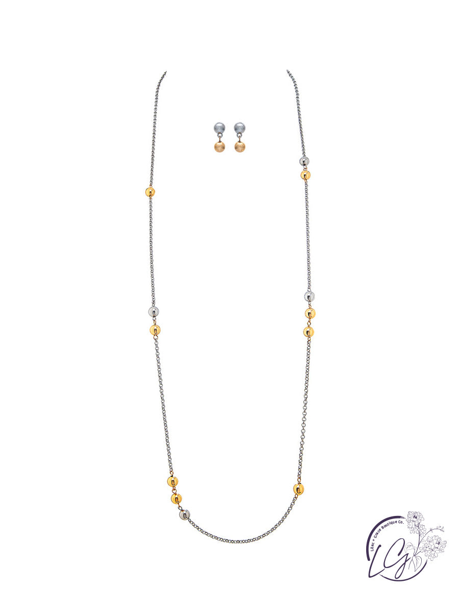 Two Tone Random Ball Bead Station Necklace Set