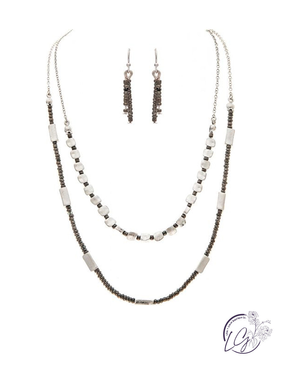 Silver Grey Bead Layer Chain Necklace Set