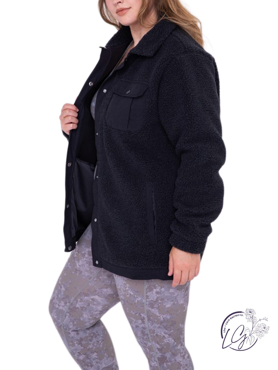 Curvy Sherpa Snap-On Shacket with Pockets