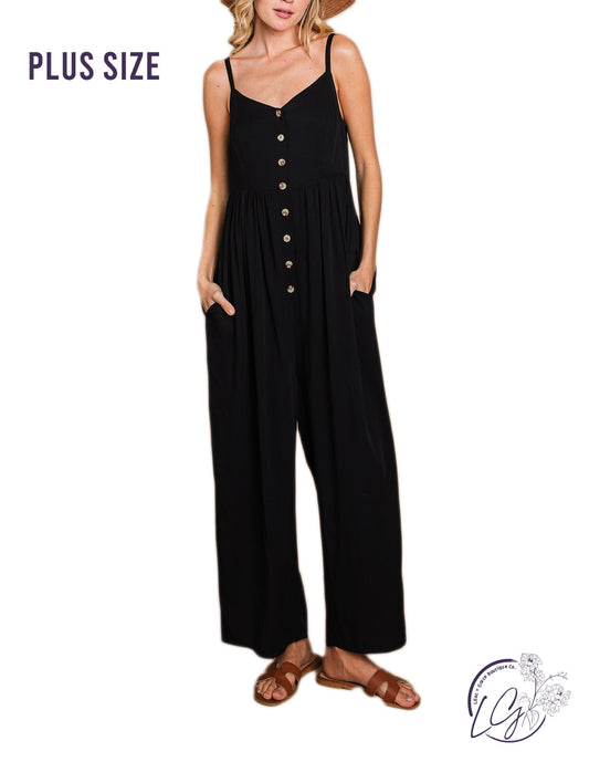 Curvy WIDE LEG BUTTON DOWN ROMPER WITH POCKETS