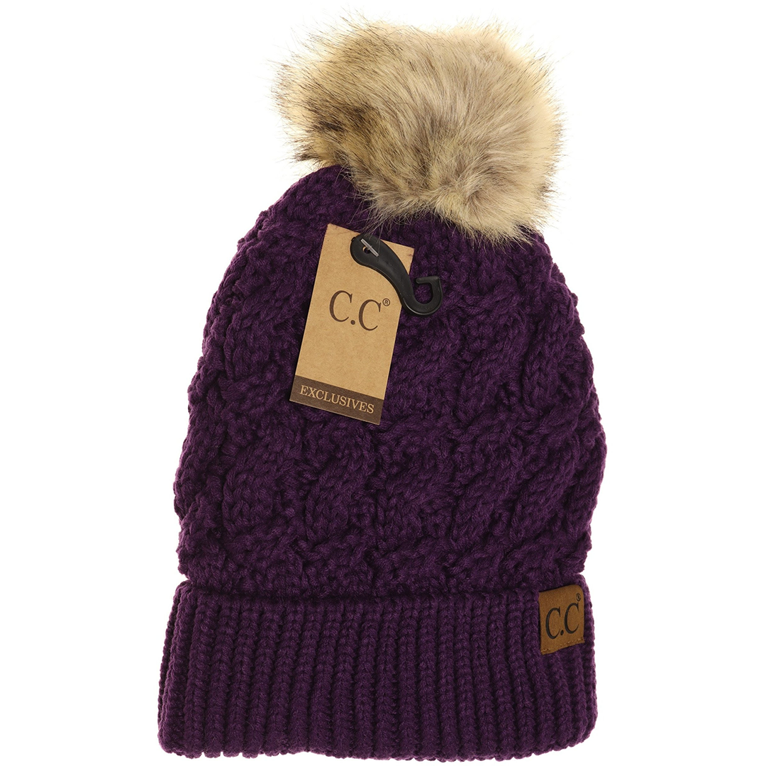 Ribbed Cable Knit Fur Pom Beanie in Dark Purple