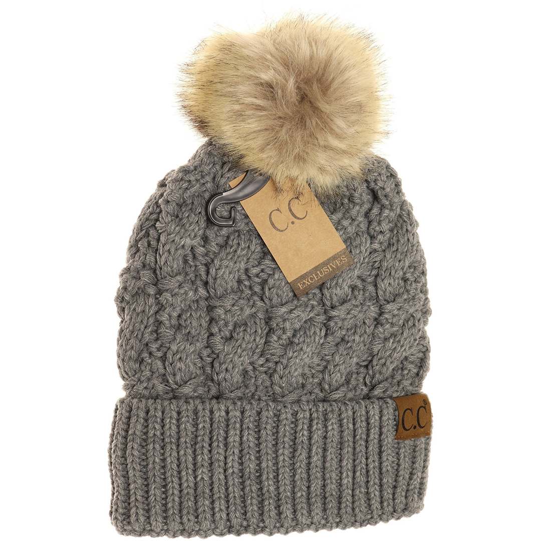 Ribbed Cable Knit Fur Pom Beanie in Light Grey