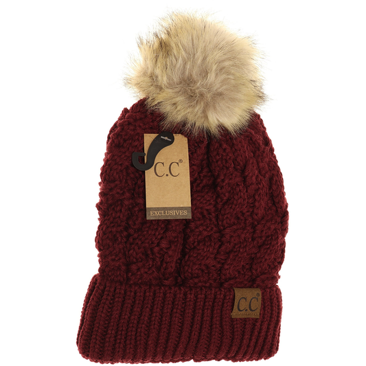 Ribbed Cable Knit Fur Pom Beanie in Maroon