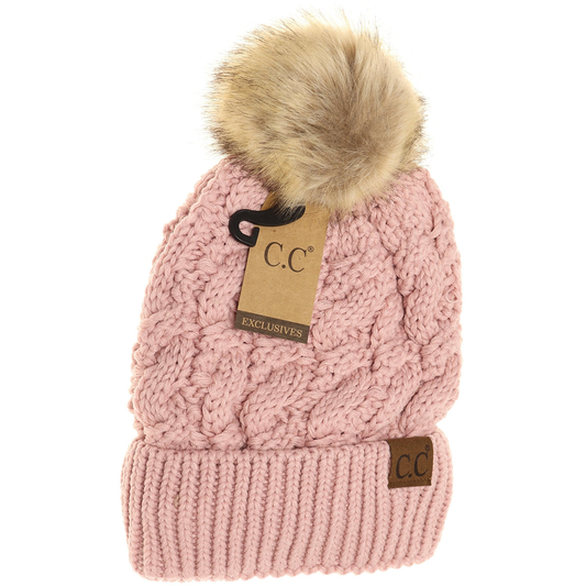 Ribbed Cable Knit Fur Pom Beanie in Rose