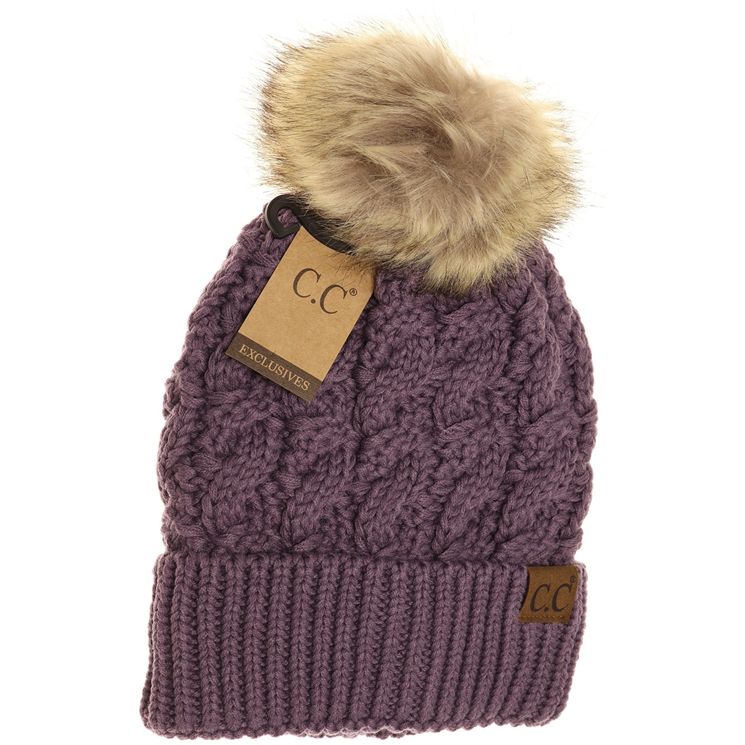 Ribbed Cable Knit Fur Pom Beanie in Violet