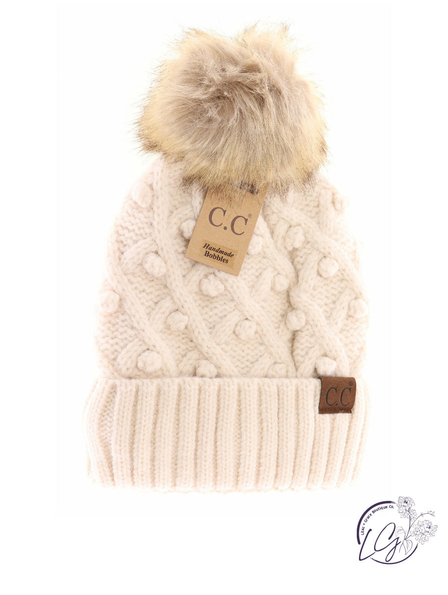 Bobble Knit Fur Pom CC Beanie